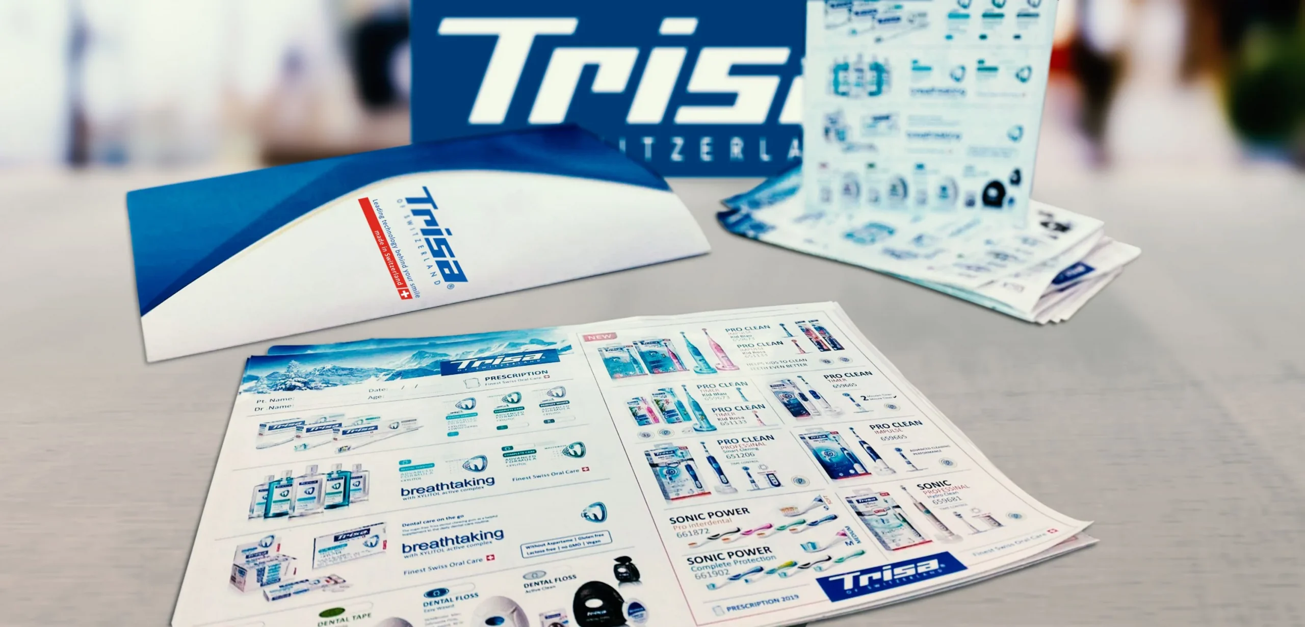 Marketing collaterals design for Trisa, a swiss toothbrush brand